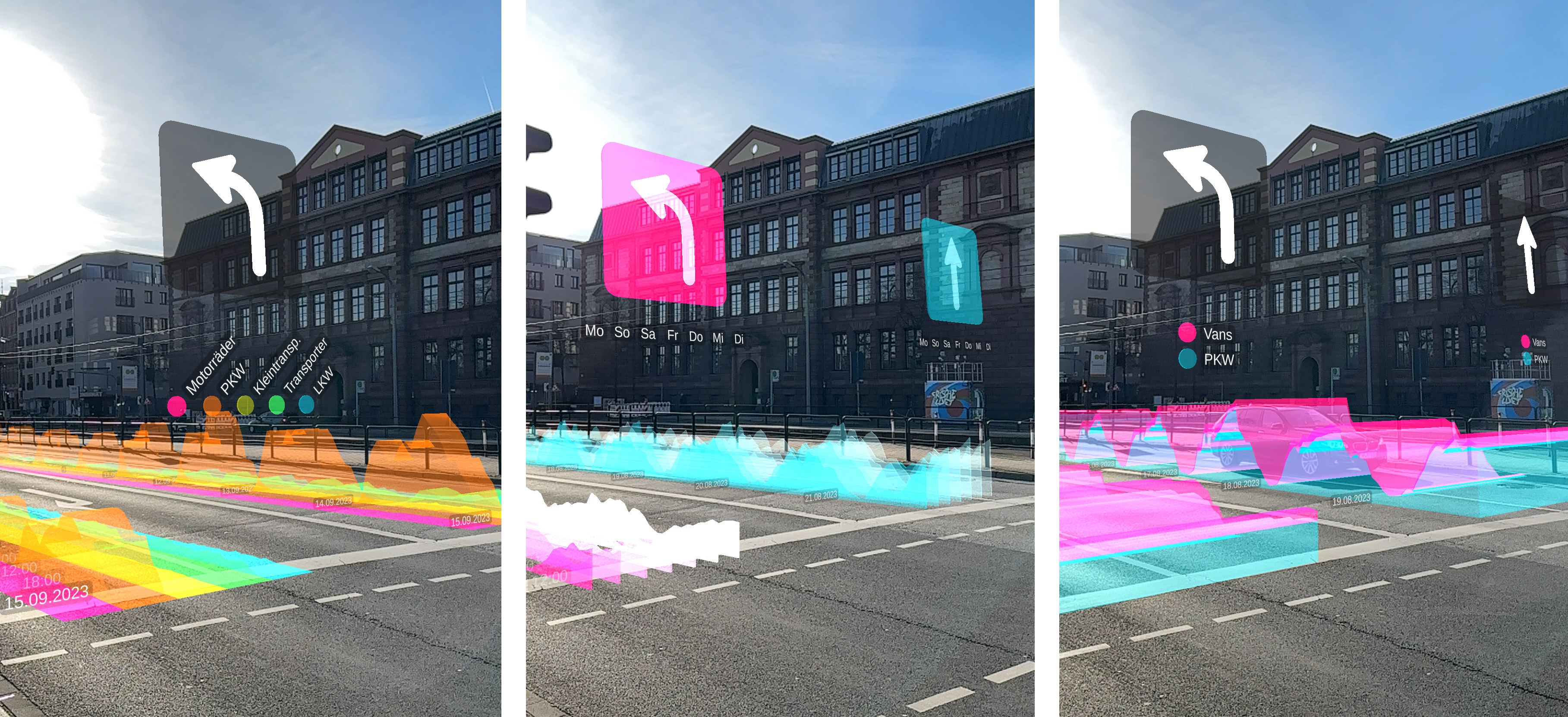 Three AR views of traffic embedded in two street lanes: grouped area chart, ridge plot, and stacked area chart.